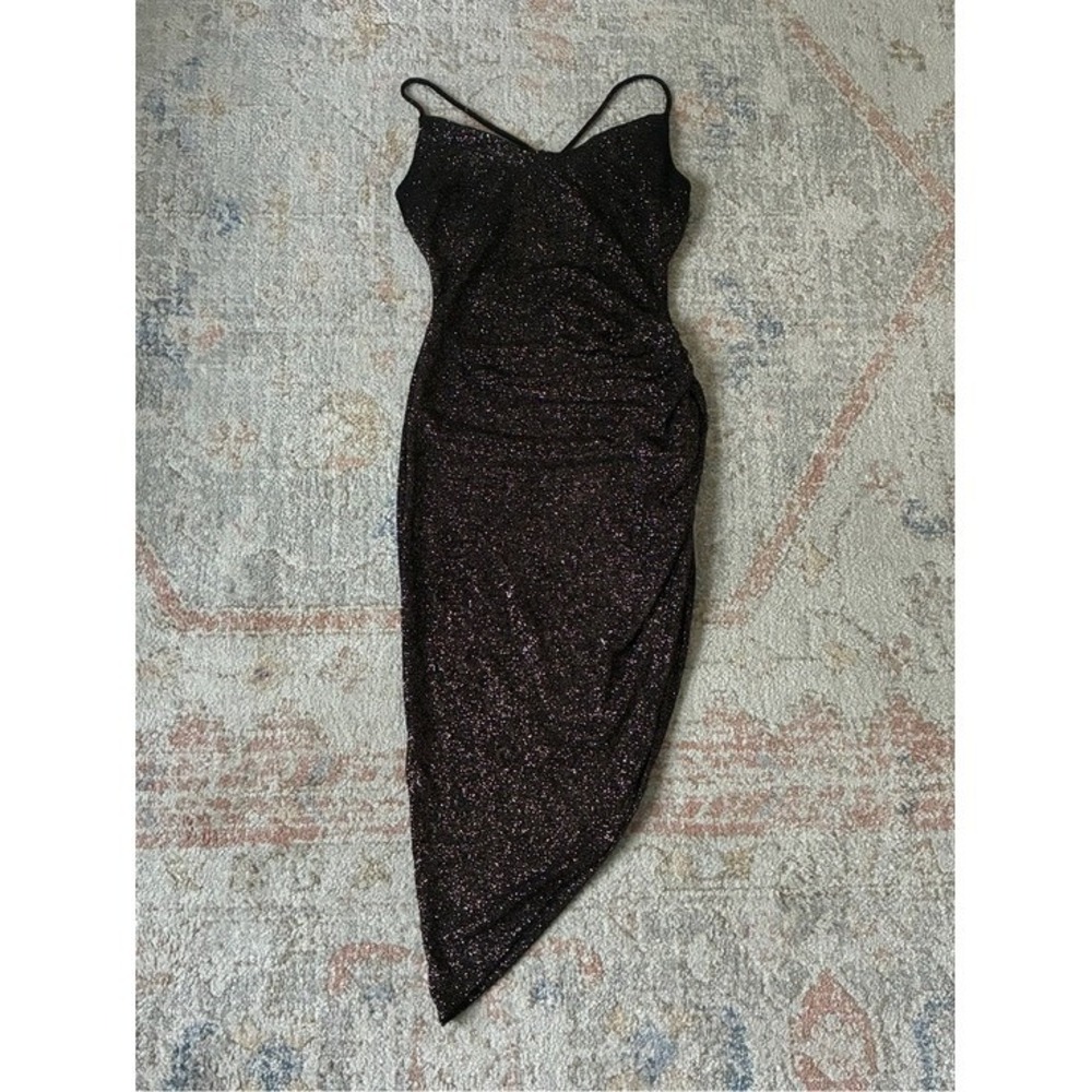 Whimsigoth Black Glitter Asymmetrical Dark Romantic‎ Slip Dress - Size M